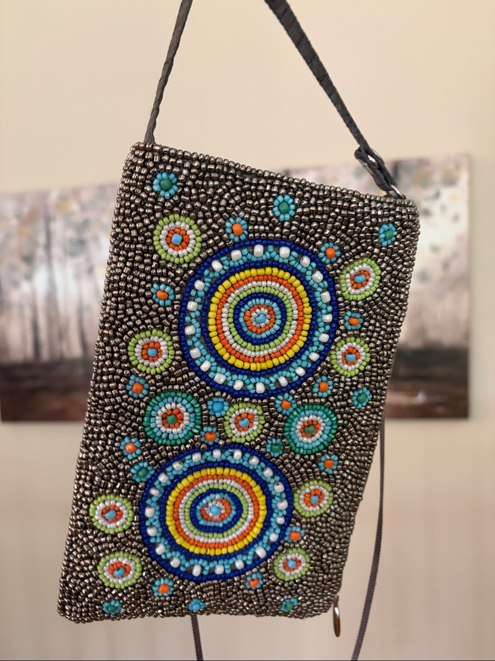 NEW Bamboo Trading Co Seed Bead Boho Design Phone Club Bag Side Pocket Crossbody
